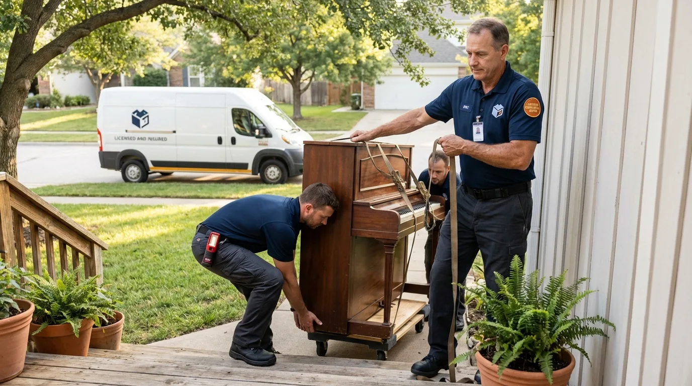 Licensed piano movers securing grand piano in Statham, GA