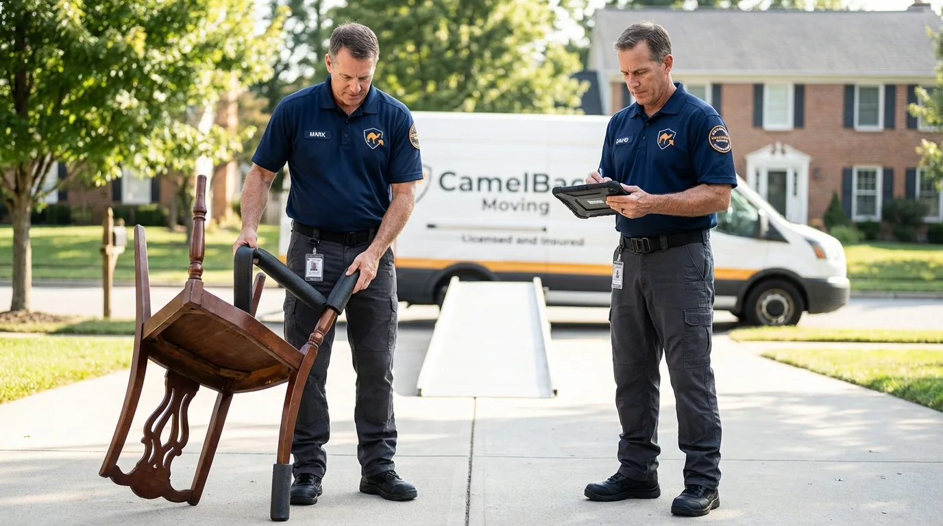 Movers inspecting furniture for damage prevention before loading in Statham, GA