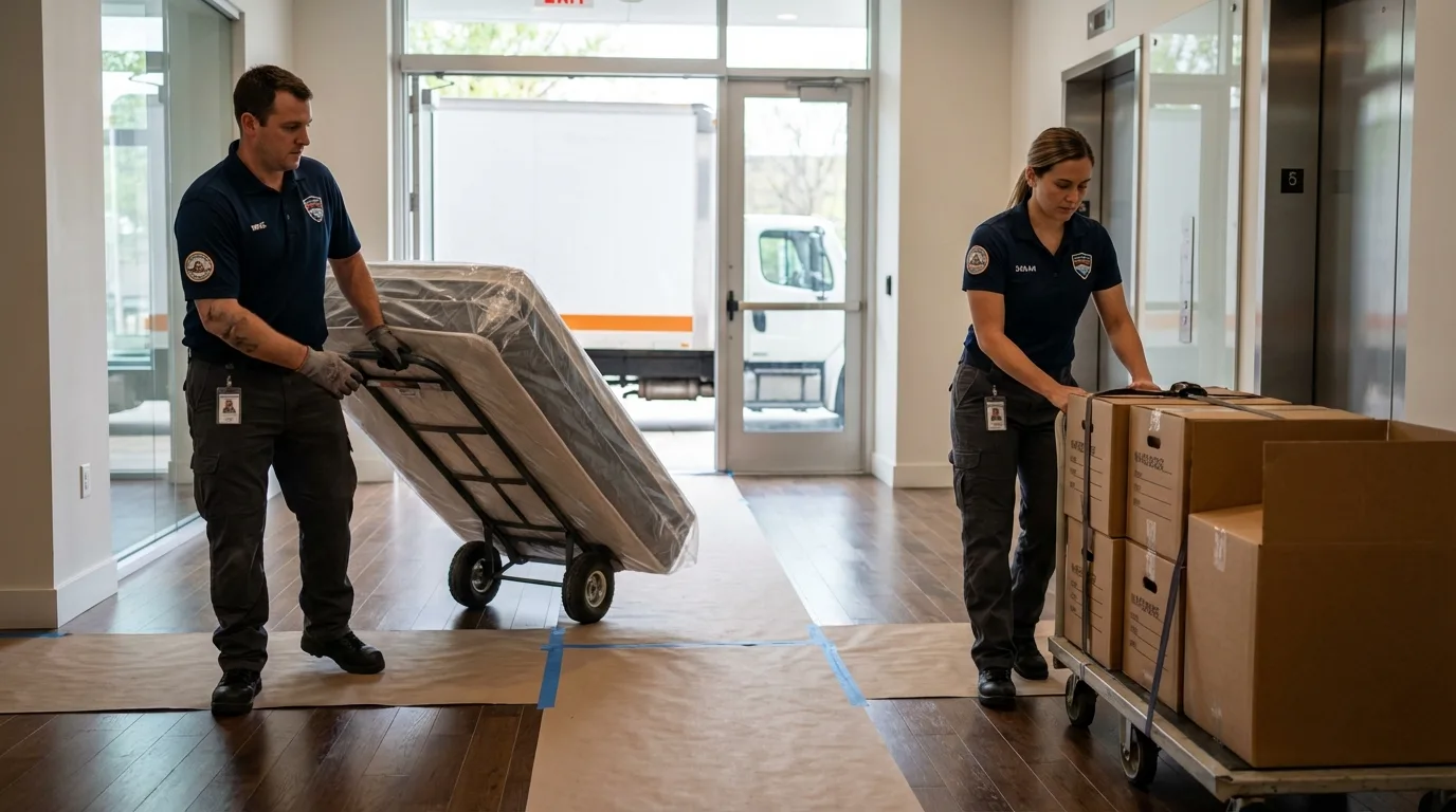 Professional apartment movers loading elevator in Statham, GA